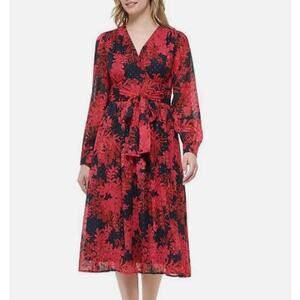 Tommy Hilfiger Size 6 Midi Dress Red Black Floral Knee Length Long Sleeve V Neck